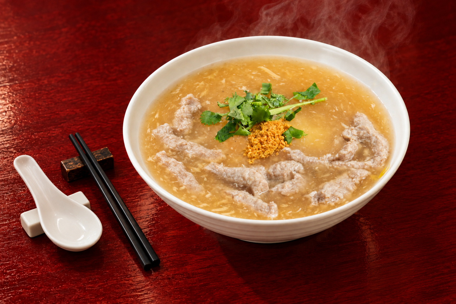 白碗赤肉焿,呈現肉焿、香菜與金黃色羹湯